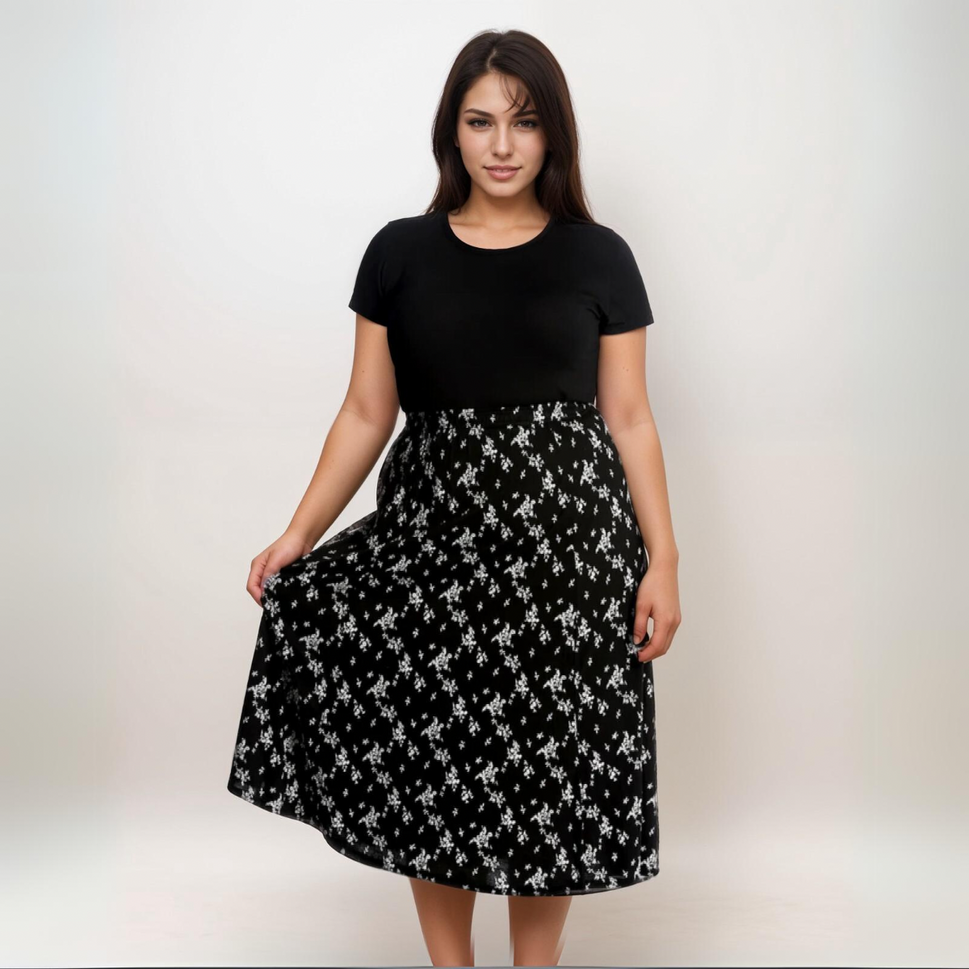 ROCKTHOSECURVES CALF LENGTH FLORAL ELASTIC WAIST SKIRTBlack / White / UK 12-14