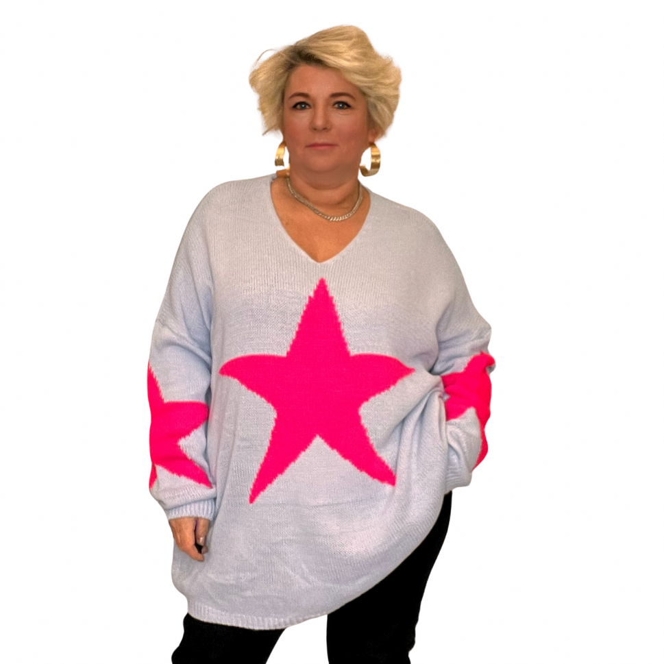 OVERSIZED V NECK KNITTED JUMPER WITH STARSPale Blue / UK 16-18