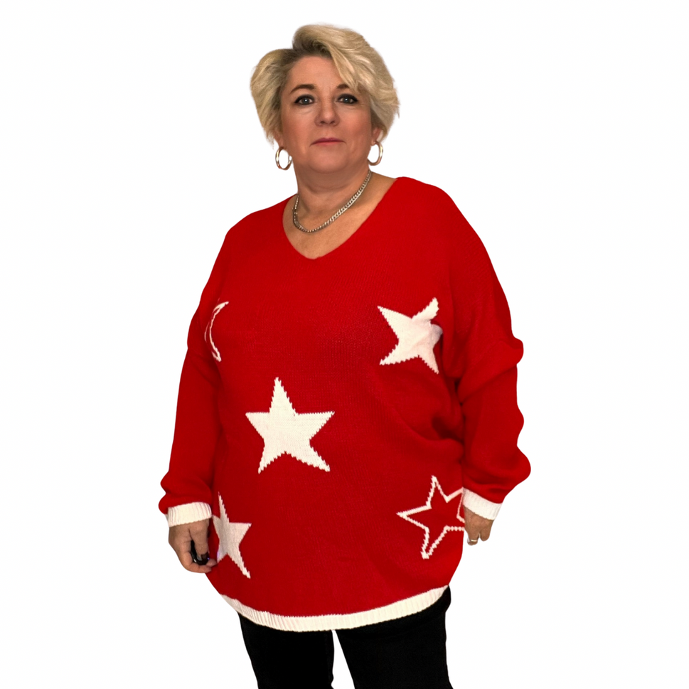 ROCKTHOSECURVES OVERSIZED V NECK JUMPER WITH WHITE STARS + HEM