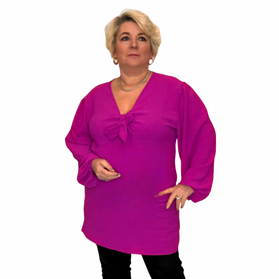 LONG LENGTH V NECK BLOUSE WITH BOW TIE FRONTMAGENTA / UK 12-14