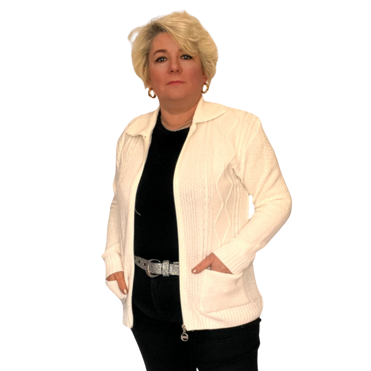 KNITTED ZIP UP CARDIGAN / JACKET WITH COLLAR + POCKETS