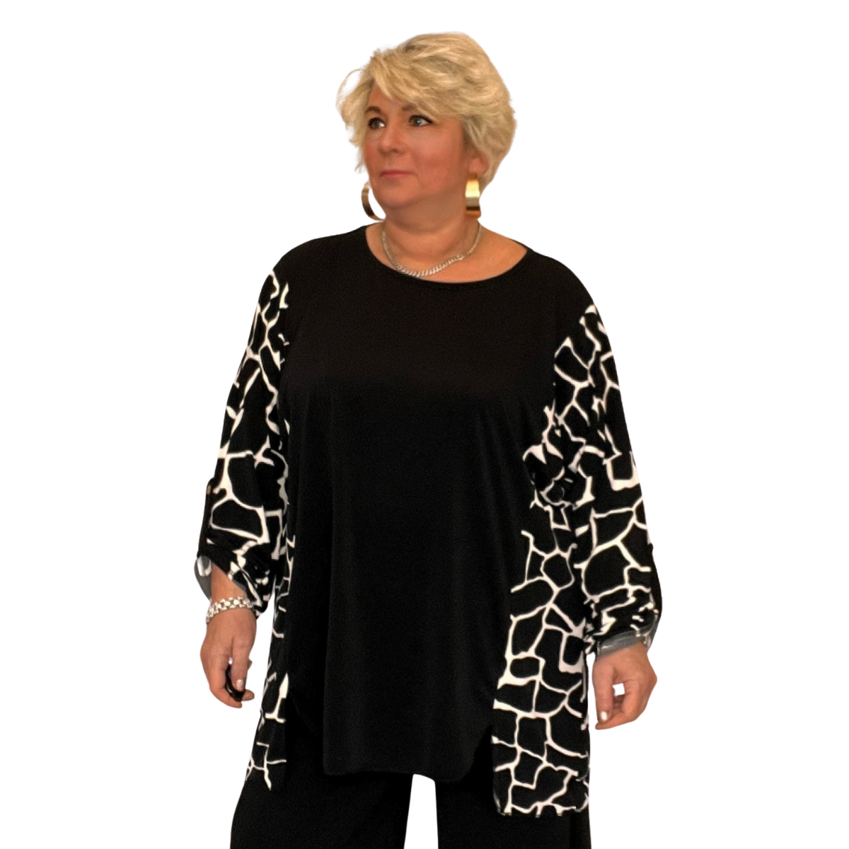 LONG LENGTH TOP WITH ANIMAL PRINT PANELS + SLEEVES
