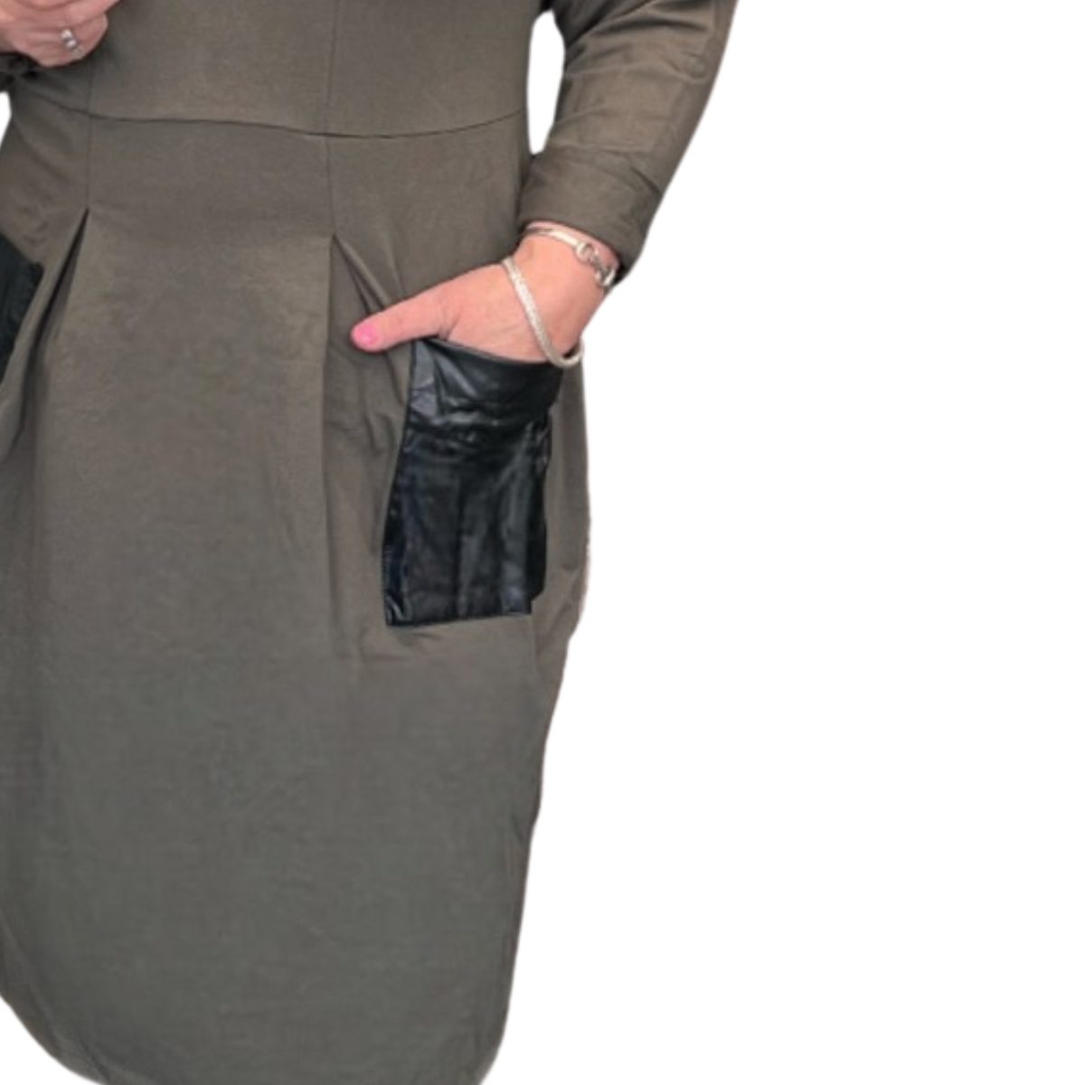 LONG SLEEVE DRESS WITH FAUX LEATHER POCKETS