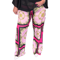 BRIGHT PINK GOLD TILE EFFECT ELASTIC WAIST PALAZZO PANTS