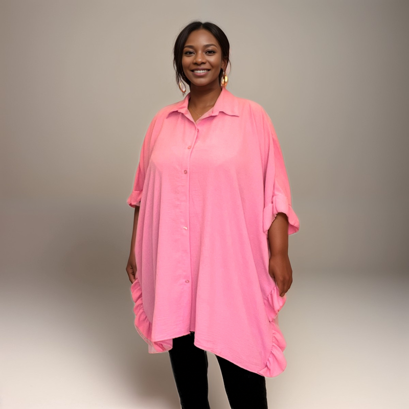 ROCKTHOSECURVES OVERSIZED BUTTON FRONT LONG SHIRT / BLOUSE WITH FRILLED SIDES