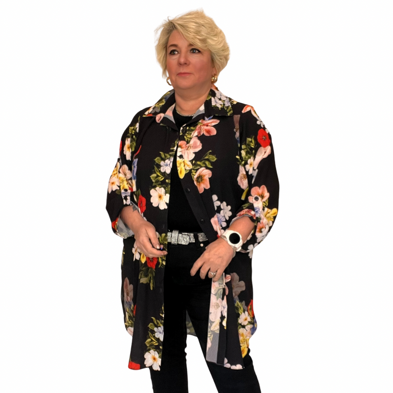 LONG LENGTH BLACK FLORAL SHIRT / BLOUSE WITH COLLAR