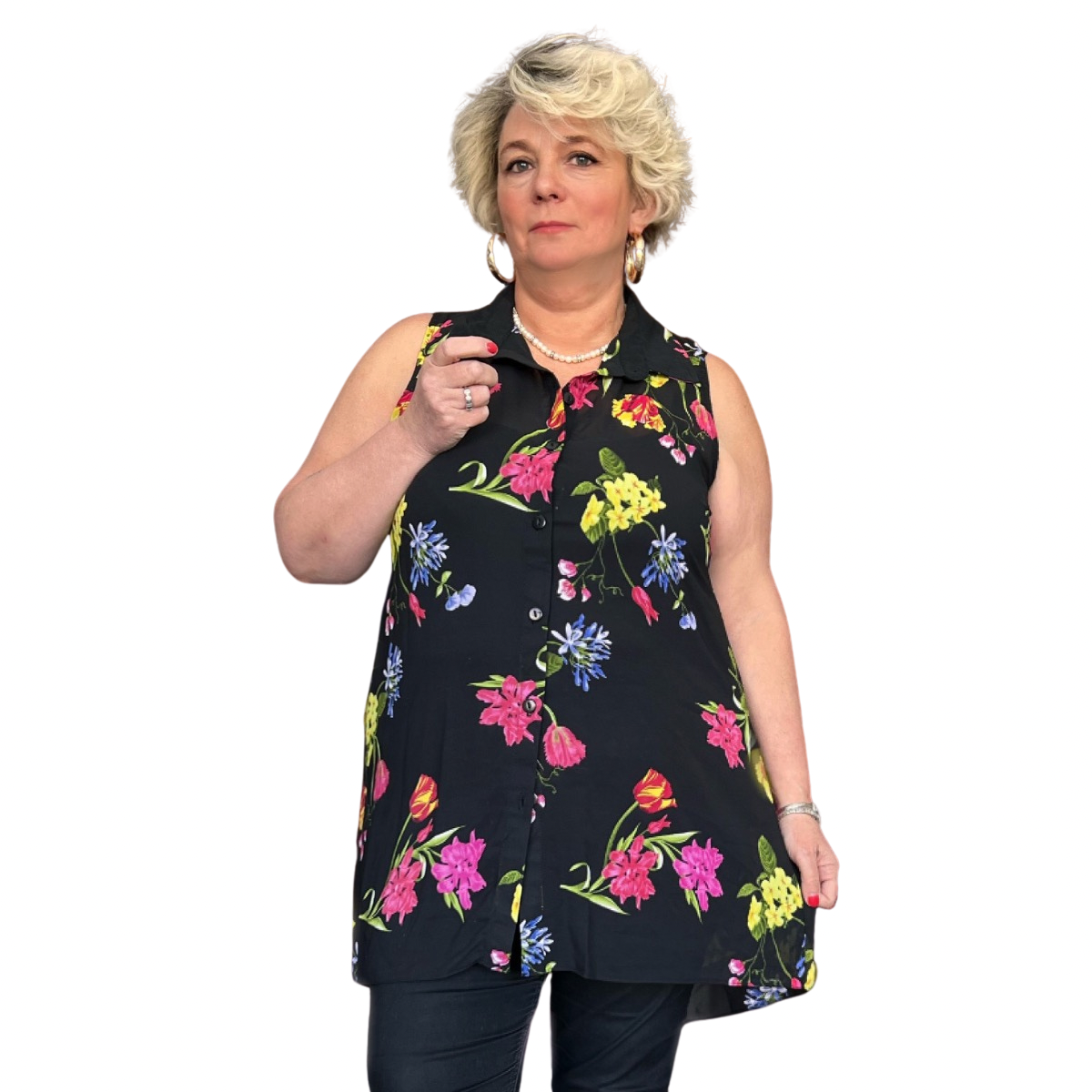 ROCKTHOSECURVES BLACK FLORAL SLEEVELESS CHIFFON SHIRT WITH DIPPED HEM