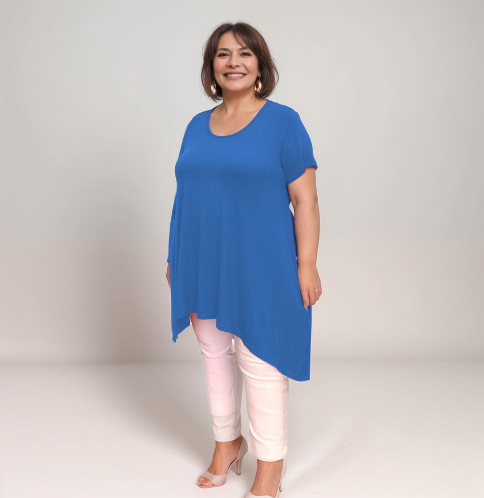 LONG PLAIN HANKY HEM SHORT SLEEVE SWING TOP / T-SHIRTRoyal Blue / UK 14