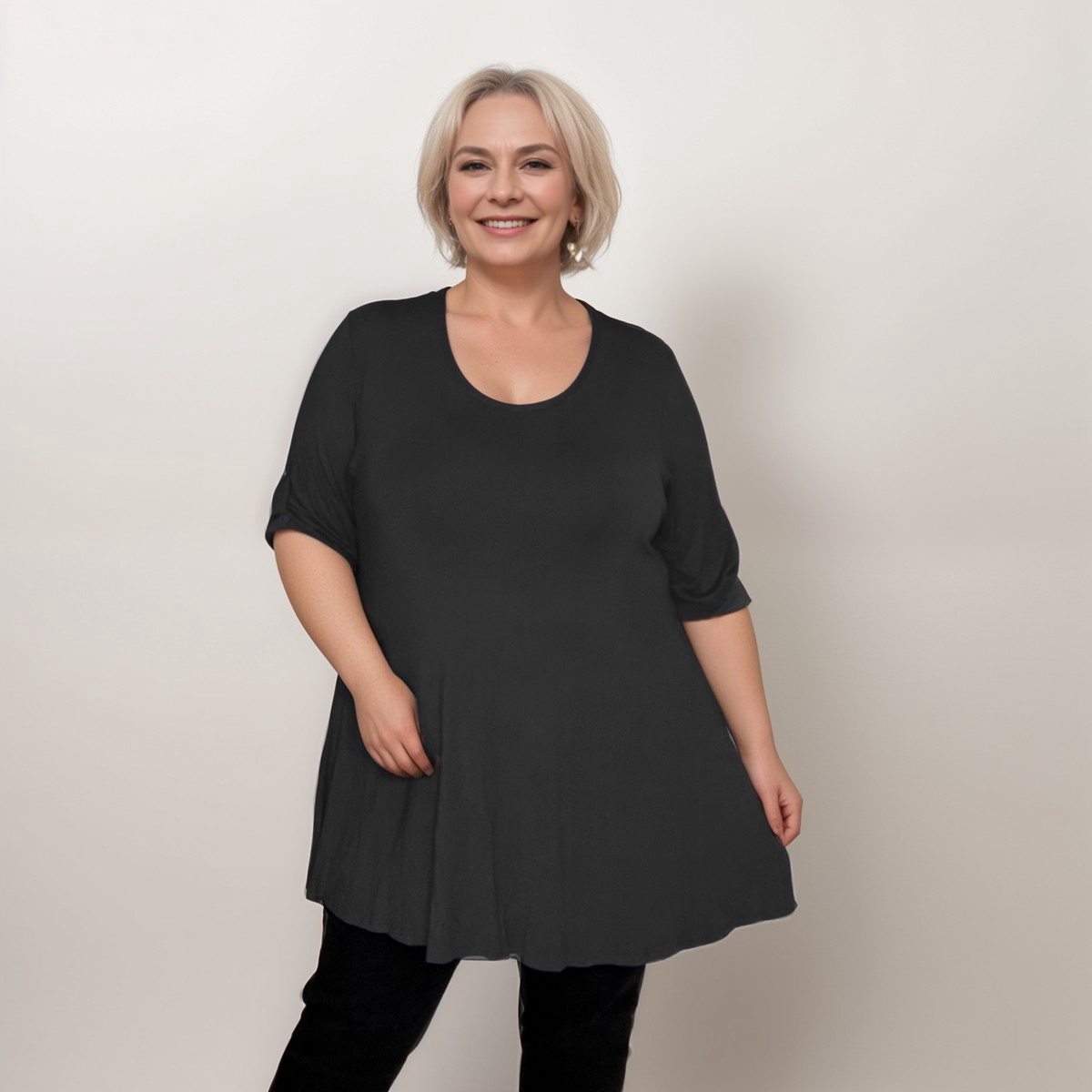 LOOSE FITTING A-LINE SWING TOP WITH BUTTON SLEEVES