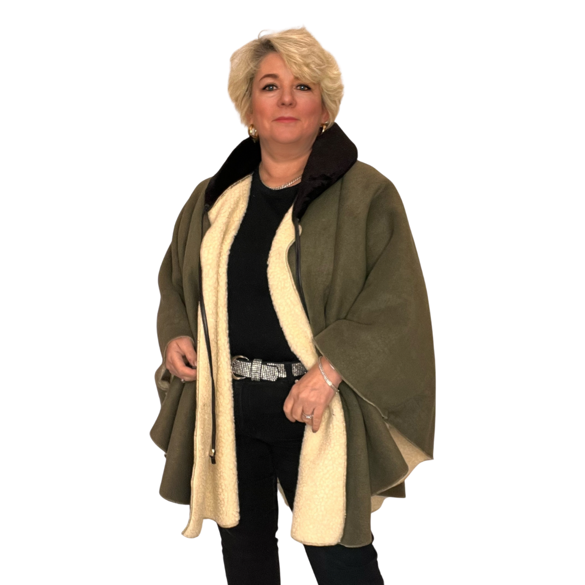 THICK FLEECE LINED CAPE WITH NECK TIE AND COLLAR