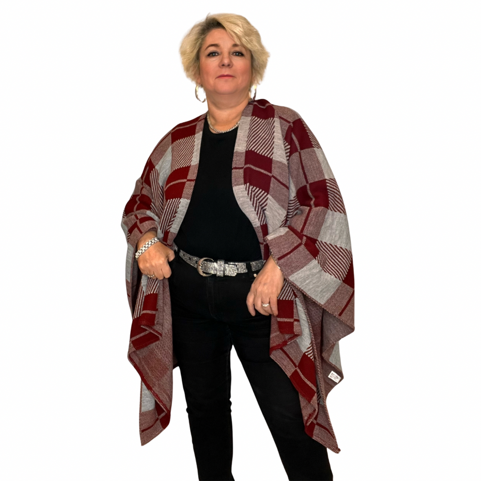 THICK KNITTED SOFT FEEL BOLD CHECK PRINT SHAWL / SCARFWINE GREY / ONE SIZE