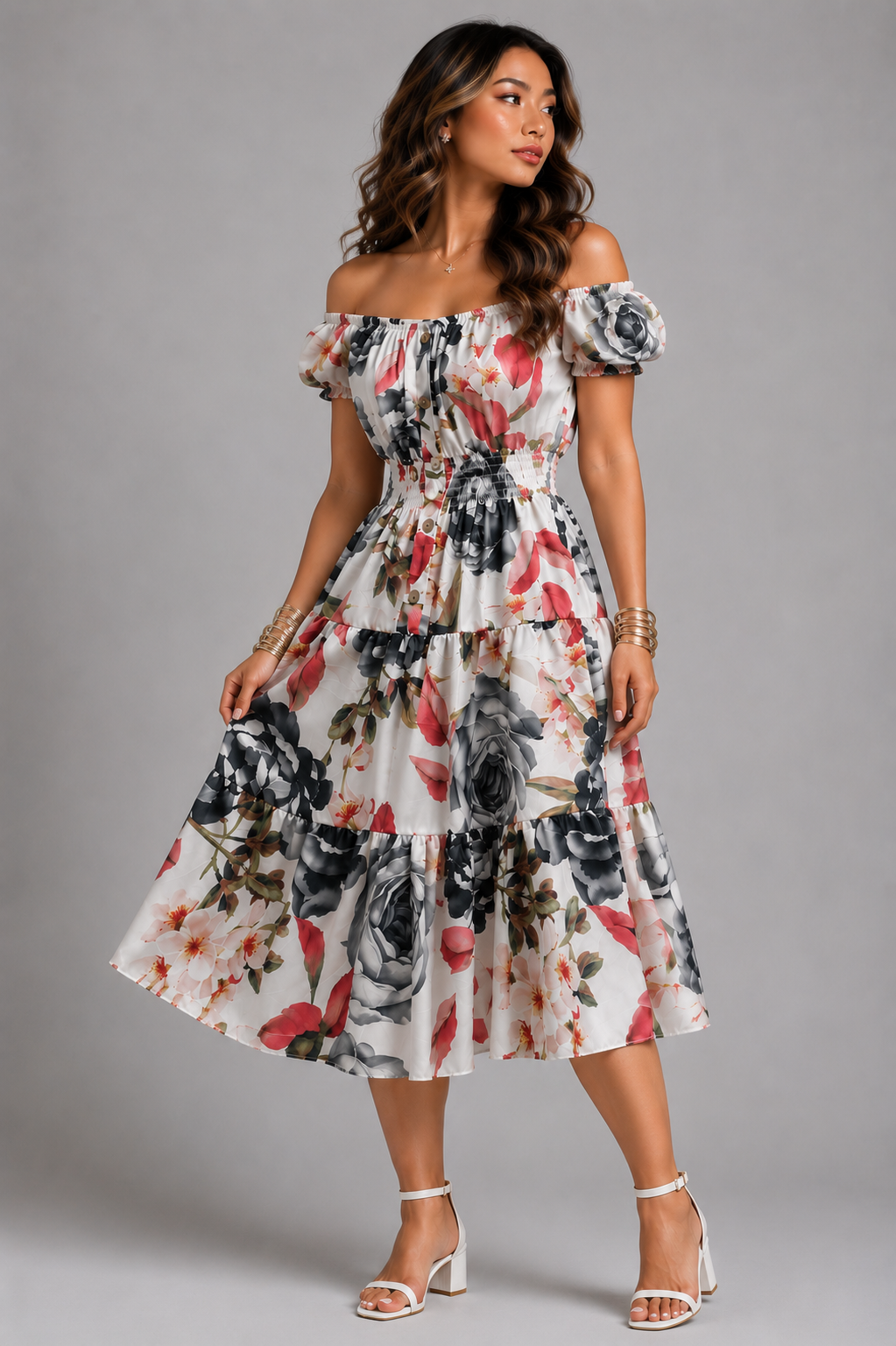 rose print white dresses
