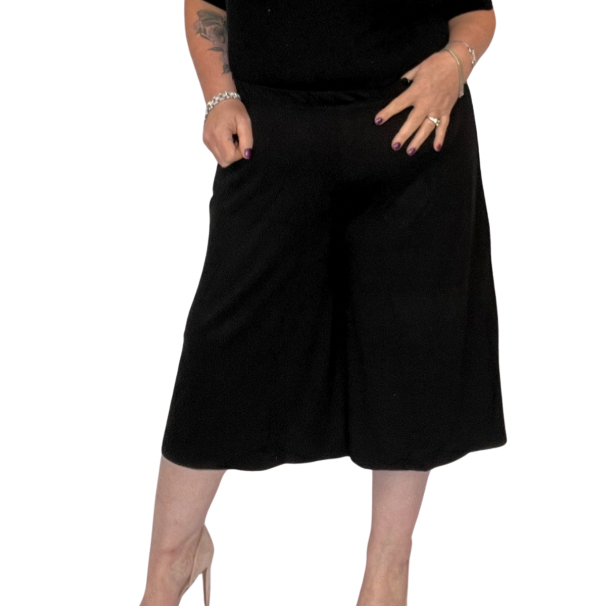 PLAIN ELASTIC HIGH WAIST WIDE LEG CULOTTES SHORTS