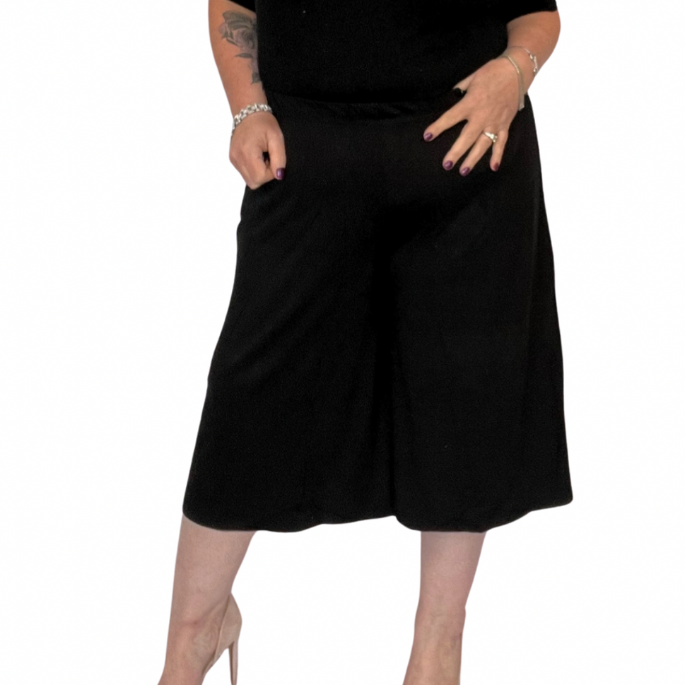 PLAIN ELASTIC HIGH WAIST WIDE LEG CULOTTES SHORTSBLACK / UK 12-14