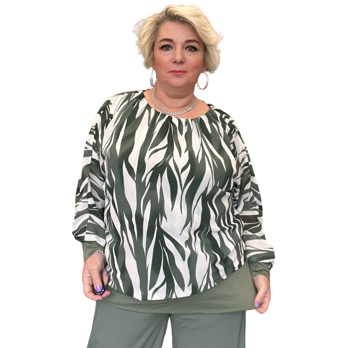 STRIPED BATWING BLOUSE WITH WIDE ELASTIC HEM AND CUFFS