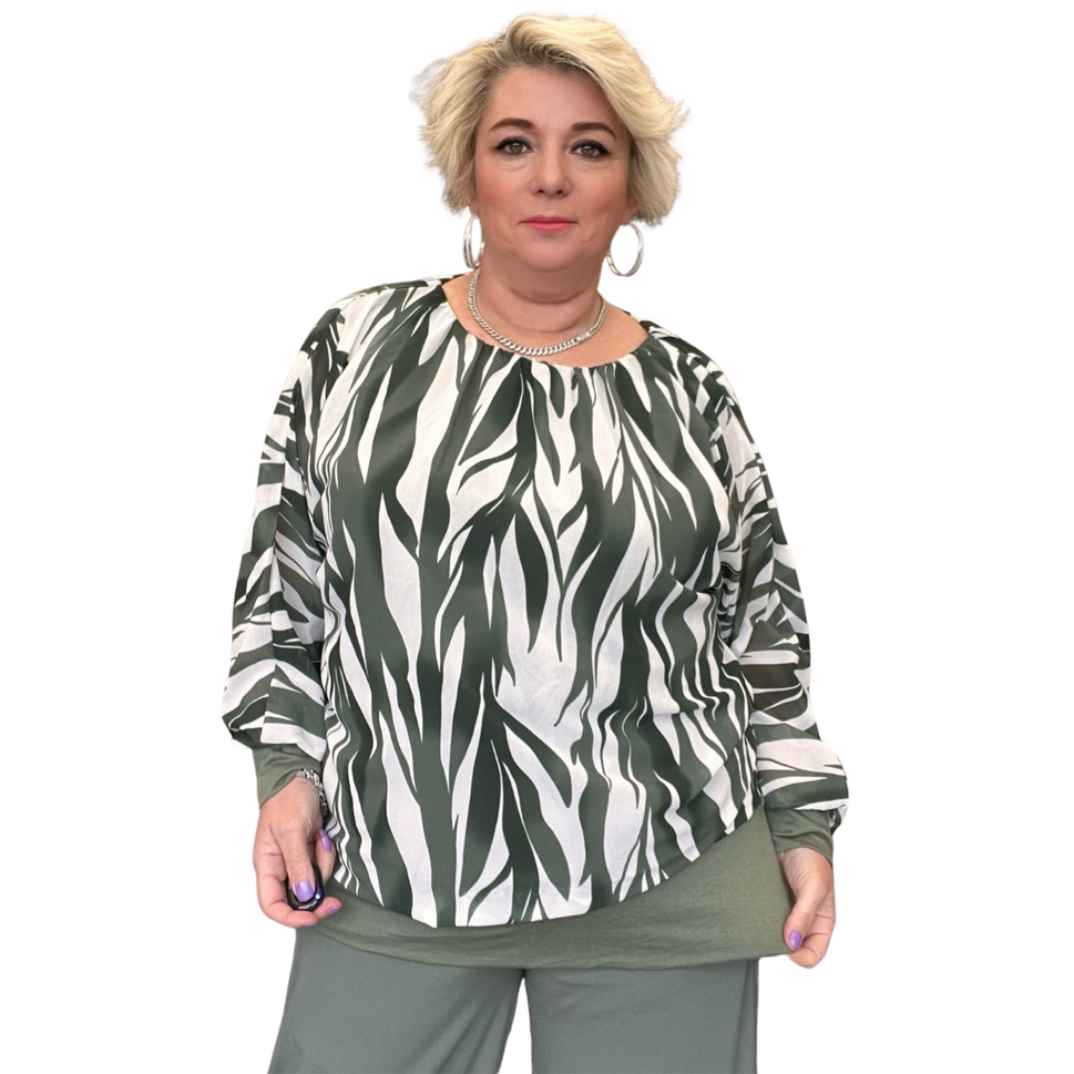 STRIPED BATWING BLOUSE WITH WIDE ELASTIC HEM AND CUFFSKHAKI / UK 12-14