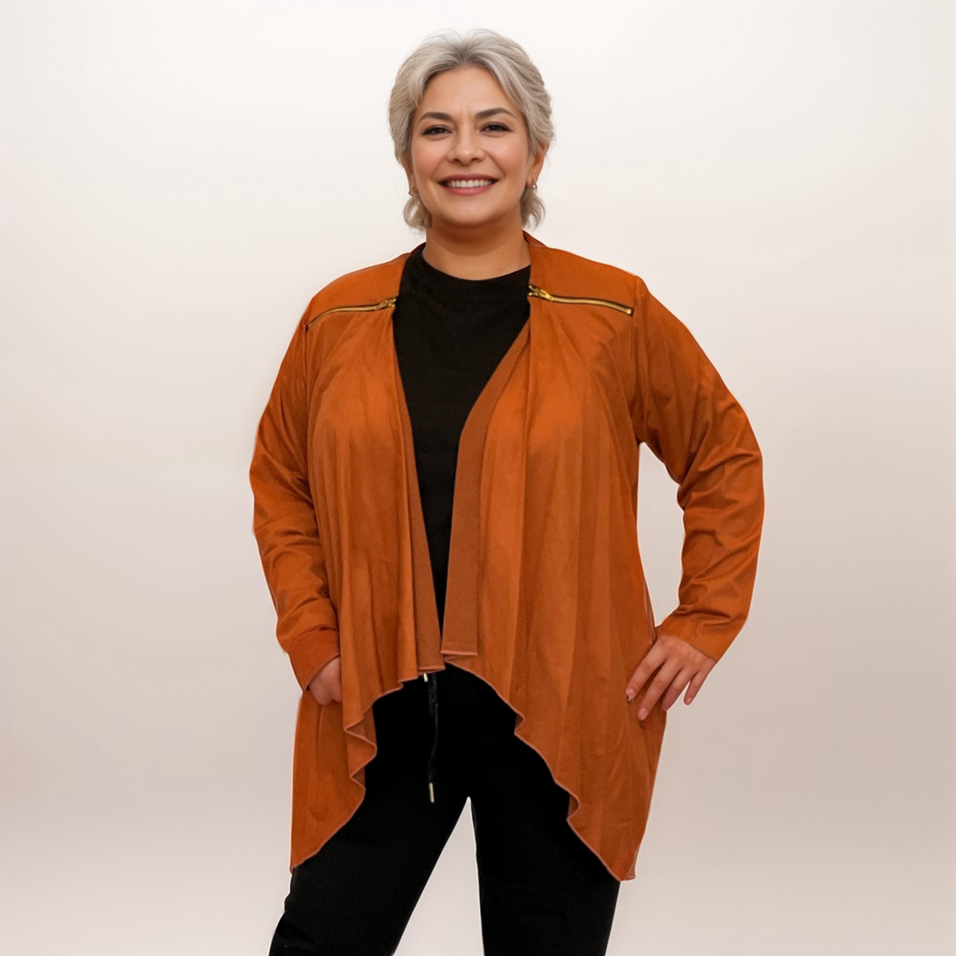 ROCKTHOSECURVES SUEDETTE WATERFALL JACKET WITH FEATURE ZIP SHOULDERS