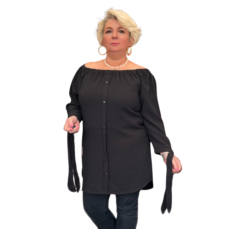 OFF SHOULDER LONG LENGTH DIPPED HEM TOP WITH TIE SLEEVESBLACK / UK 12-14