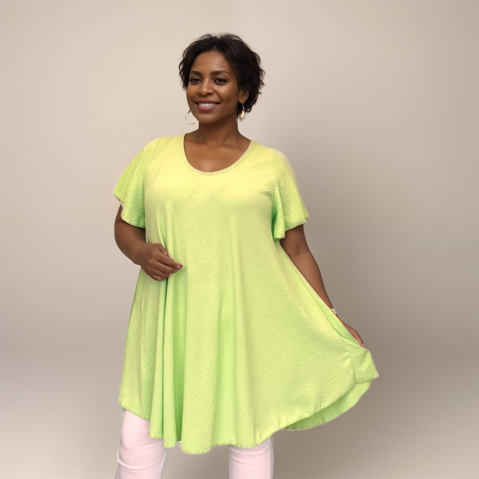 ROCKTHOSECURVES PLAIN V NECK FLUTED SHORT SLEEVE SWING TOPSAGE GREEN / UK 16-18