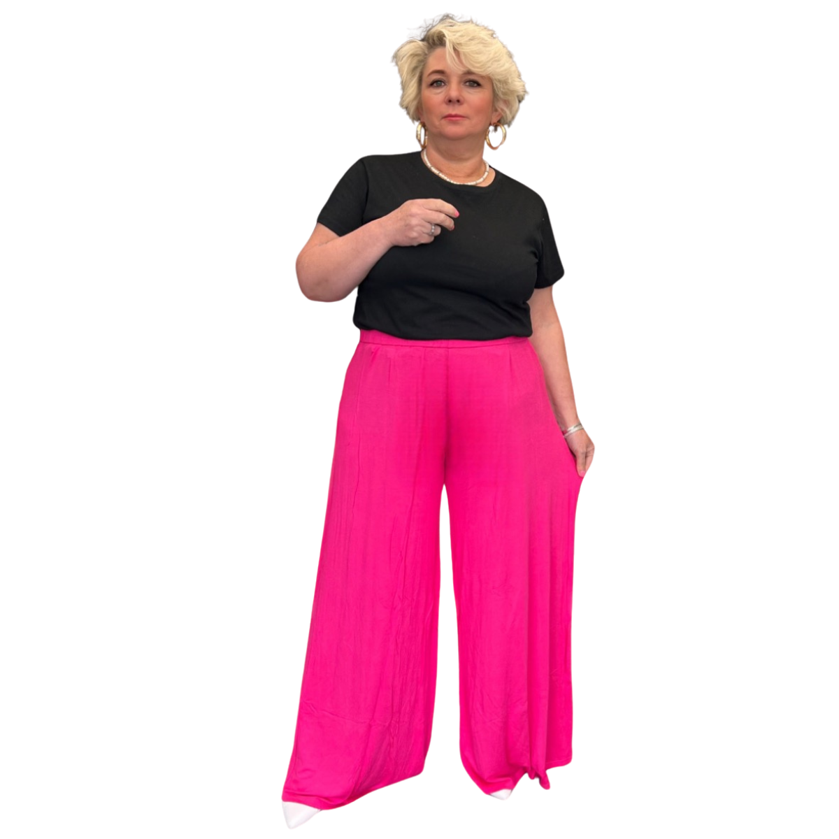 ROCKTHOSECURVES PLAIN STRETCHY WIDE LEG ELAST WAIST PALAZZO TROUSERS