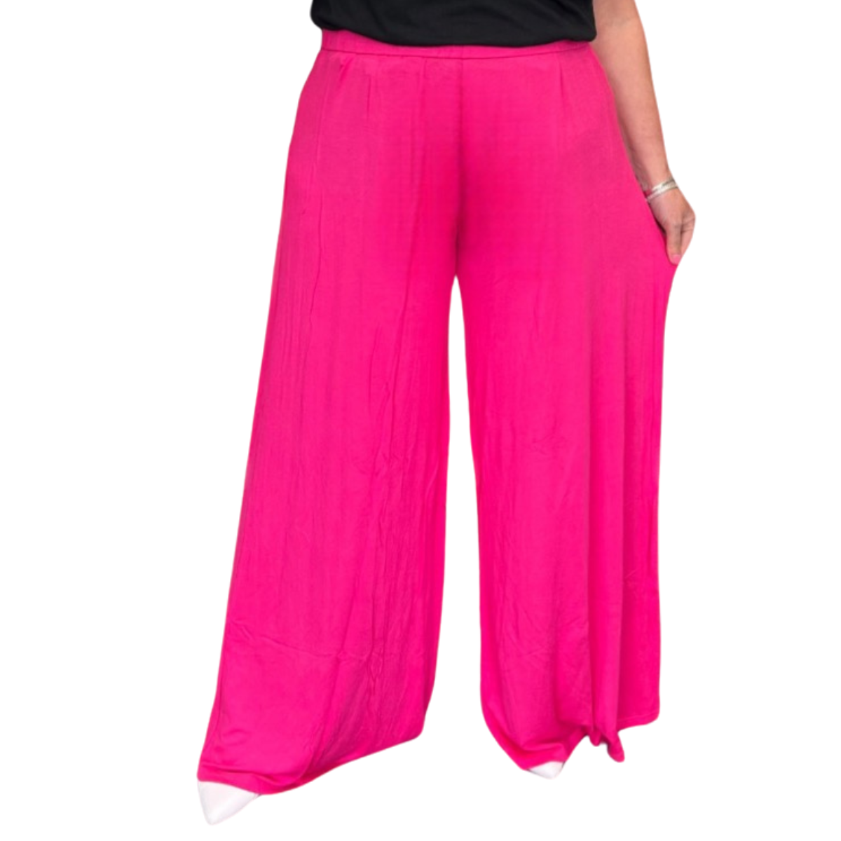 PLAIN STRETCHY WIDE LEG ELASTICATED WAIST PALAZZO TROUSERS