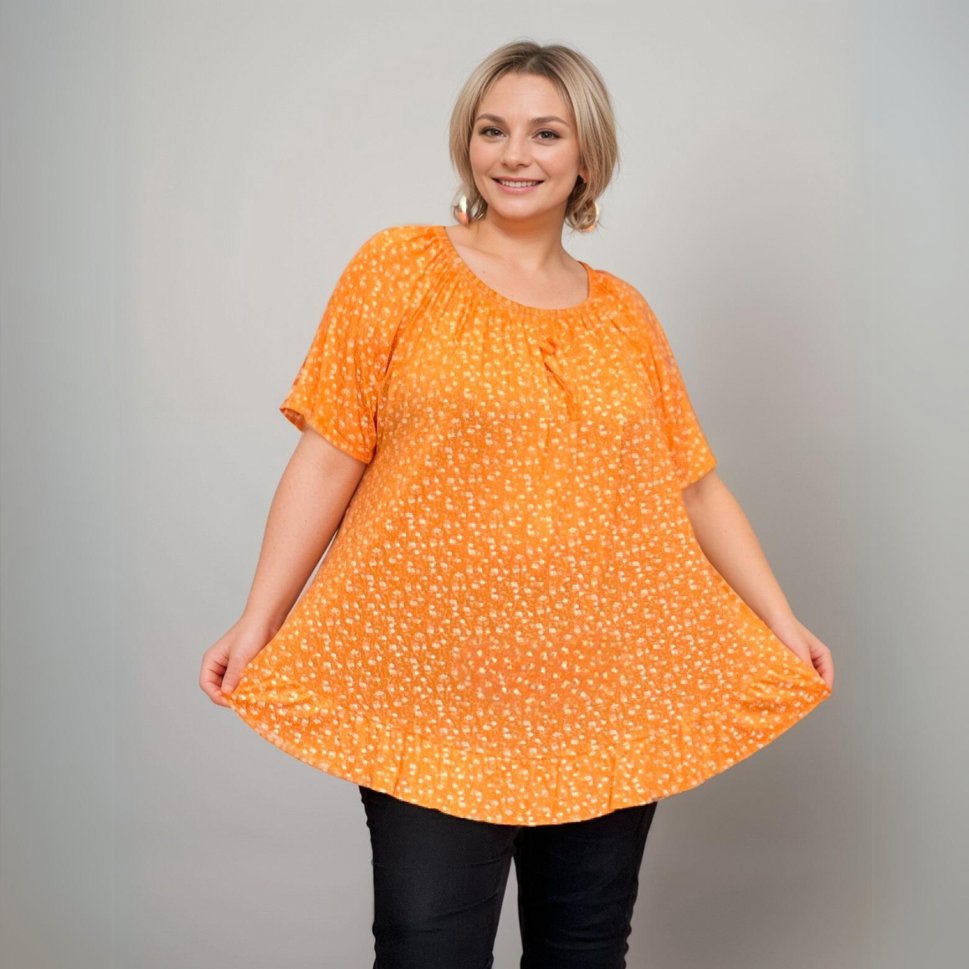 ROCKTHOSECURVES SHORT SLEEVE FLORAL T-SHIRT / TOP WITH ELASTICATED WAIST AND NECKORANGE / UK 16-18