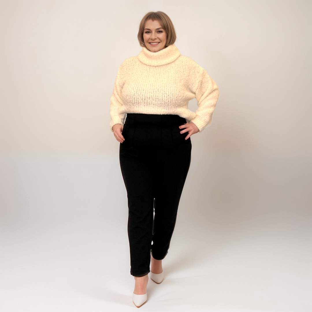 PLAIN BLACK ELASTICATED WAIST TROUSERS WITH FLAT FRONT