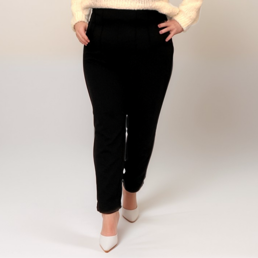 PLAIN BLACK ELASTICATED WAIST TROUSERS WITH FLAT FRONT