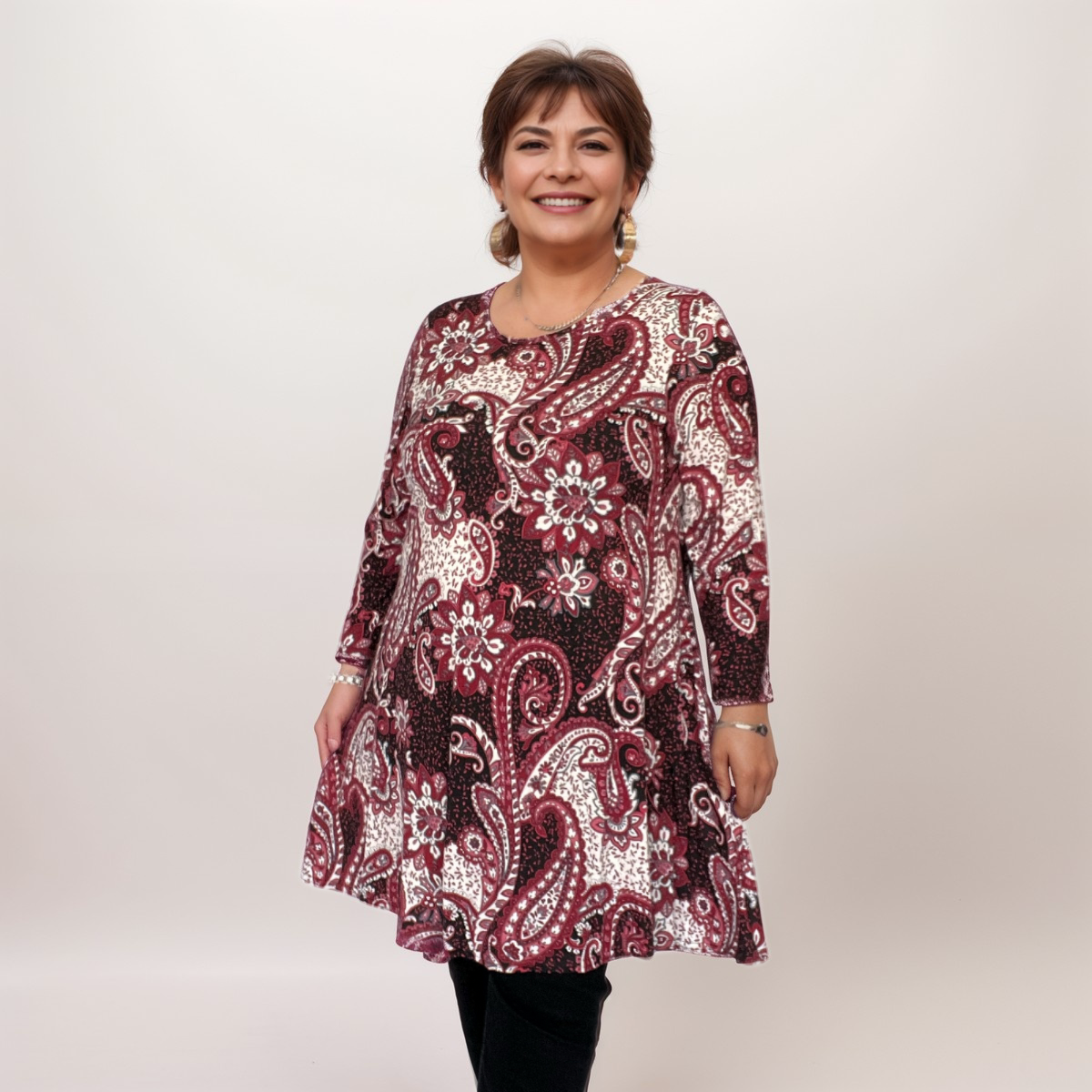 WINE PAISLEY 3/4 SLEEVE SWING TOP A-LINE