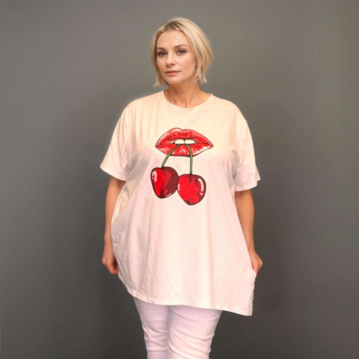 ROCKTHOSECURVES CHERRY LIPS SHORT SLEEVE T-SHIRT LONGER LENGTH