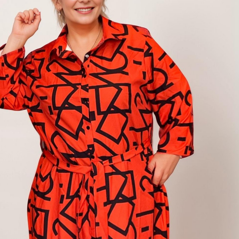 ROCKTHOSECURVES ORANGE / BLACK ABSTRACT MAXI SHIRT DRESS WITH COLLAR