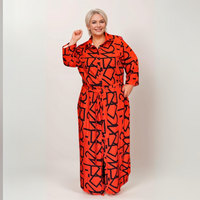 ROCKTHOSECURVES ORANGE / BLACK ABSTRACT MAXI SHIRT DRESS WITH COLLAR