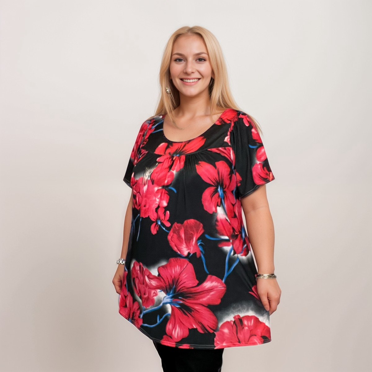 ROCKTHOSECURVES BRIGHT BOLD FLORAL SHORT SLEEVE A-LINE SMOCK TOP