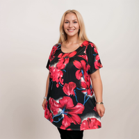 ROCKTHOSECURVES BRIGHT BOLD FLORAL SHORT SLEEVE A-LINE SMOCK TOP