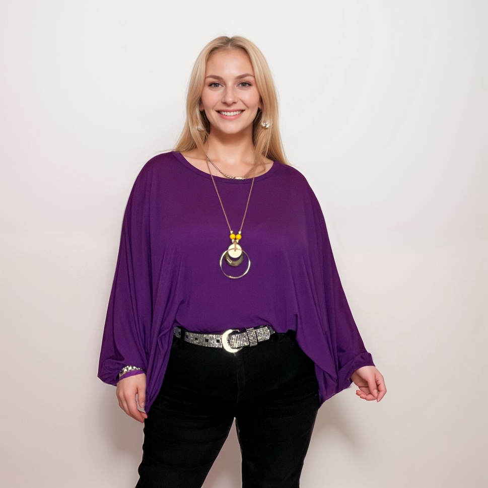 OVERSIZED BATWING BLOUSE / TOP WITH NECKLACEPURPLE / UK 12-14