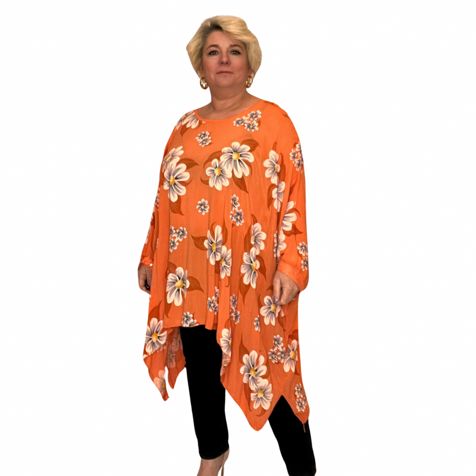 ROCKTHOSECURVES FLORAL OVERSIZED KAFTAN / BLOUSE WITH SEQUIN CUFFSOrange / ONE SIZE