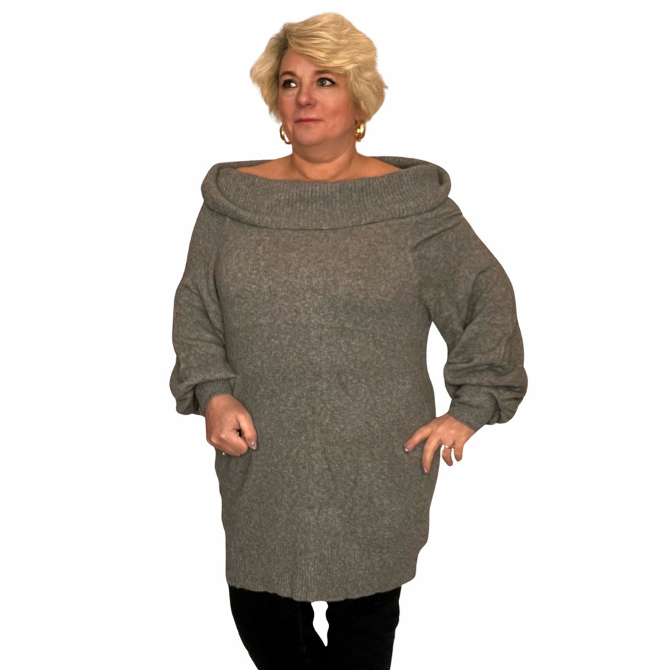 SOFT KNITTED LONG LENGTH OFF SHOULDER JUMPERCHARCOAL / UK 12-14