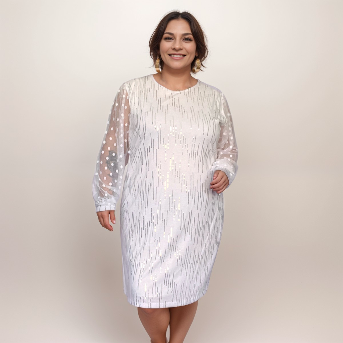 ROCKTHOSECURVES COCKTAIL DRESS WITH NET SLEEVES AND SILVER SEQUINS