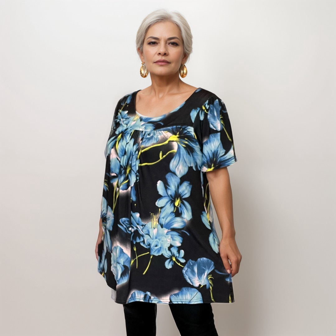 BRIGHT BOLD FLORAL SHORT SLEEVE A-LINE SMOCK TOP