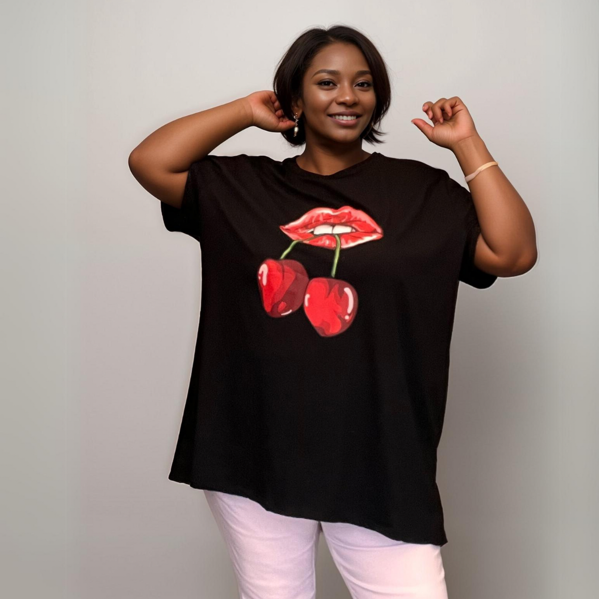 ROCKTHOSECURVES CHERRY LIPS SHORT SLEEVE T-SHIRT LONGER LENGTH