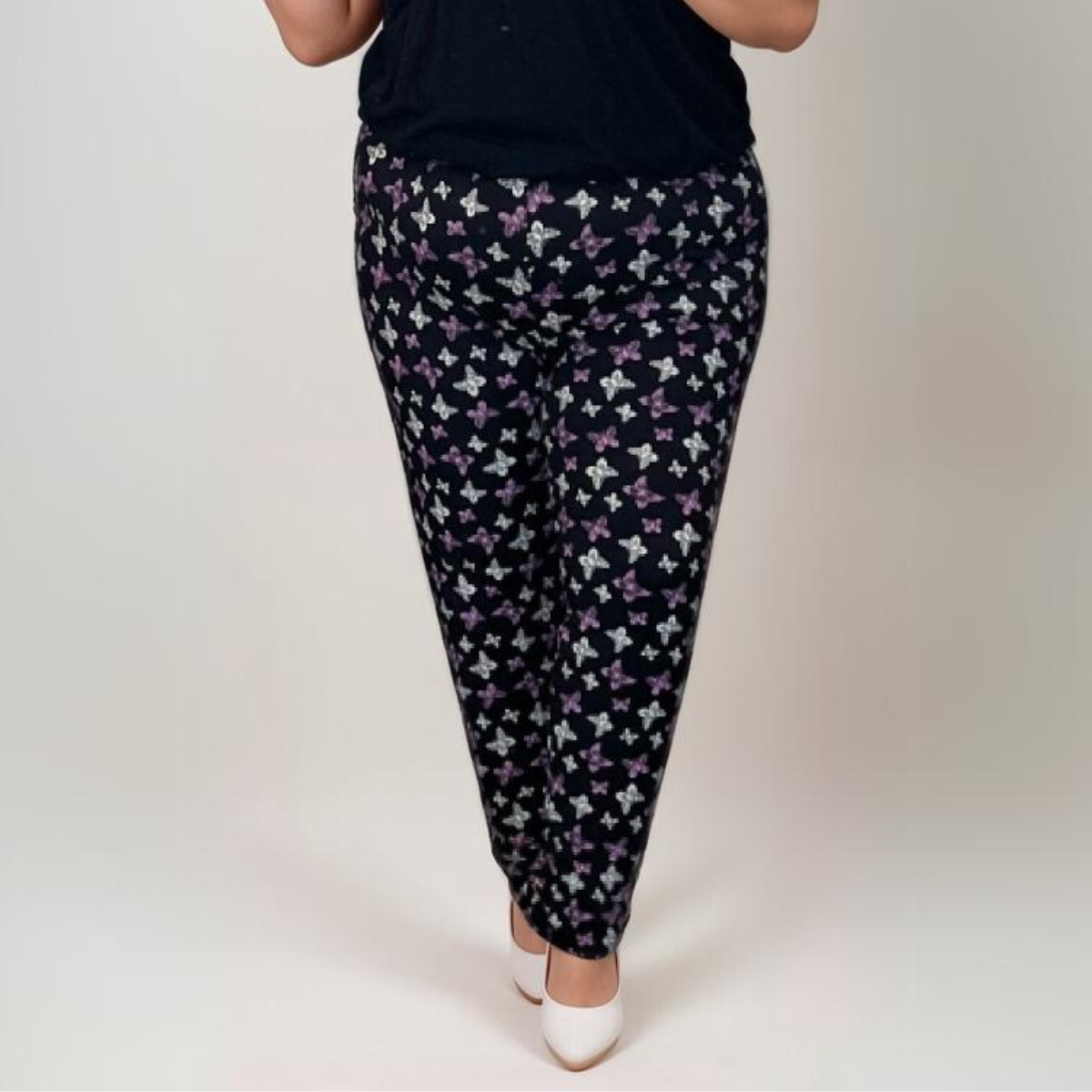 ROCKTHOSECURVES BLACK PURPLE BUTTERFLY ELASTIC WAIST TROUSERS