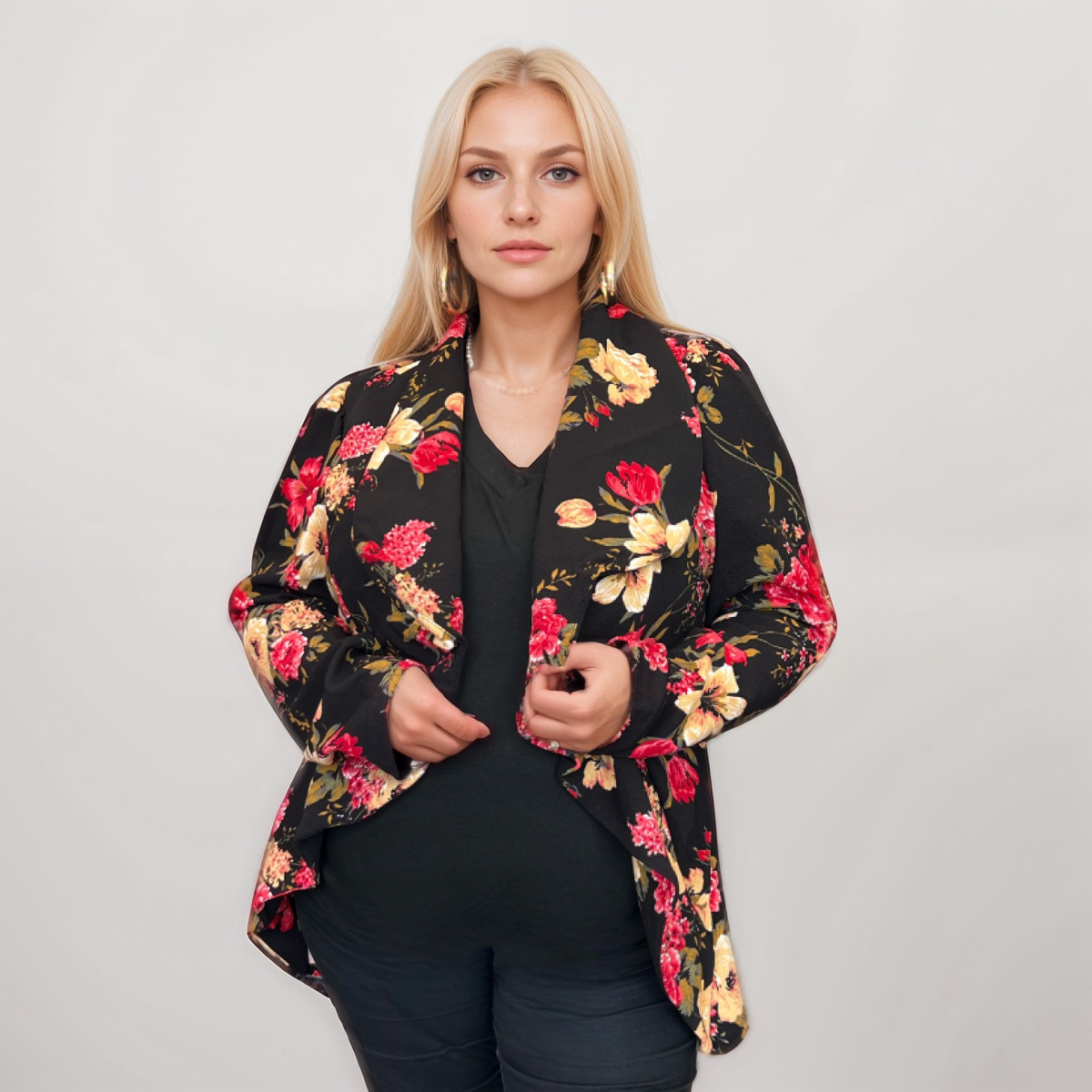 BLACK RED FLORAL WATERFALL FRONT BLAZER / JACKET