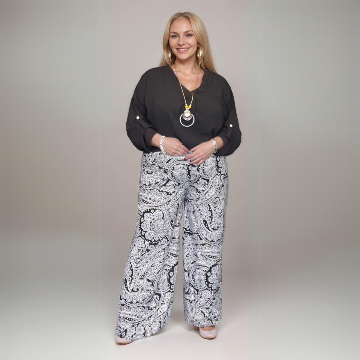 ROCKTHOSECURVES BLACK WHITE FINE PAISLEY WIDE LEG PALAZZO TROUSERS