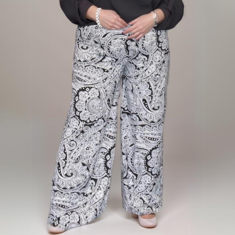 ROCKTHOSECURVES BLACK WHITE FINE PAISLEY WIDE LEG PALAZZO TROUSERS