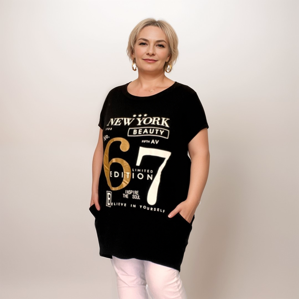 NEW YORK 67 LONG DIPPED HEM T-SHIRT POCKETSBLACK / UK 16-18