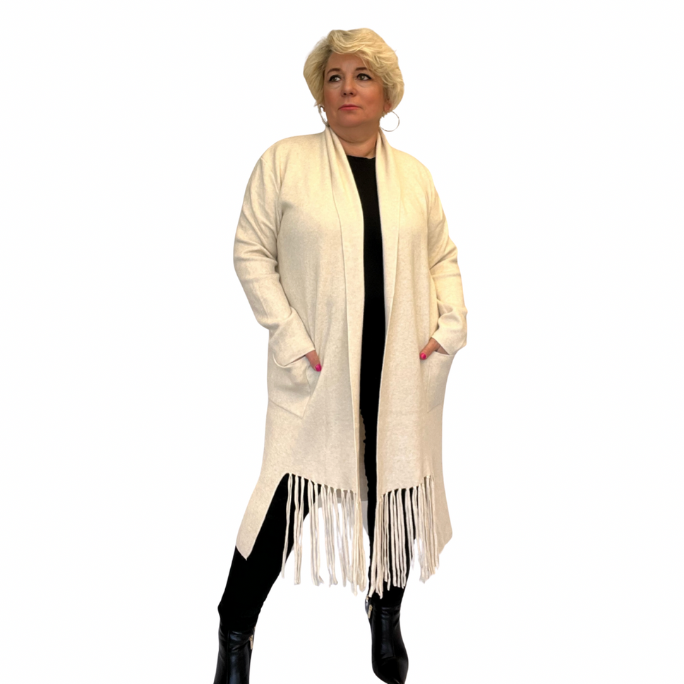 LUXURY DUSTER CARDIGAN WITH TASSEL HEMCREAM / UK 16-18