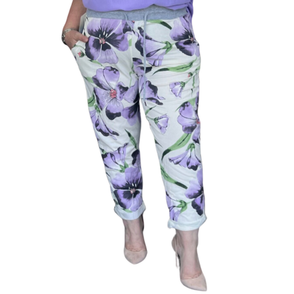 BRIGHT FLORAL ELASTIC WAIST JOGGERS WITH SIDE POCKETSPurple / UK 12-14