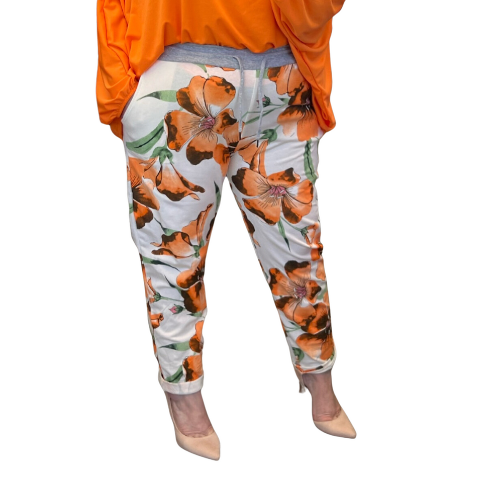 BRIGHT FLORAL ELASTIC WAIST JOGGERS WITH SIDE POCKETSOrange / UK 12-14