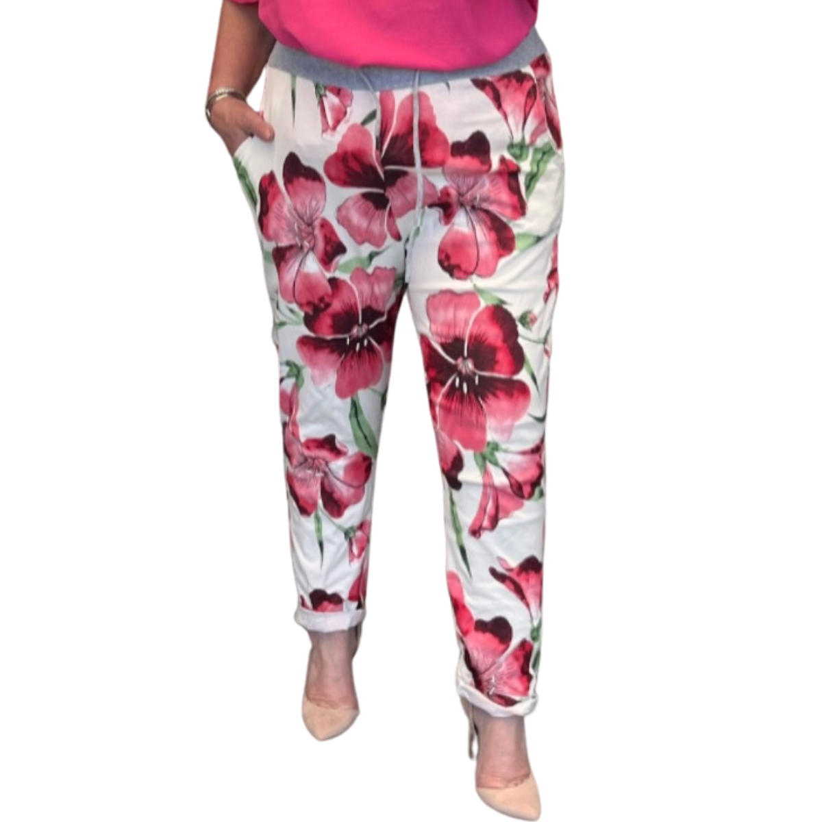 BRIGHT FLORAL ELASTIC WAIST JOGGERS WITH SIDE POCKETS