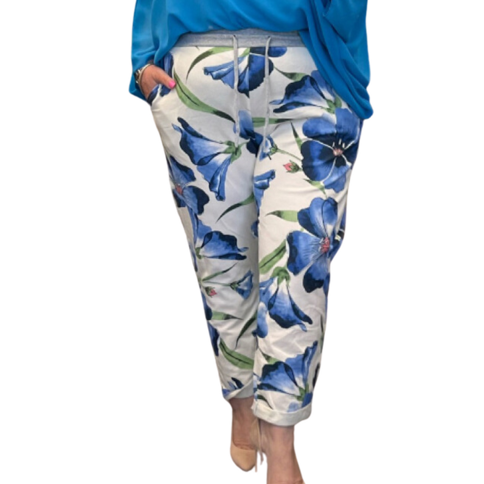 BRIGHT FLORAL ELASTIC WAIST JOGGERS WITH SIDE POCKETSBlue / UK 12-14